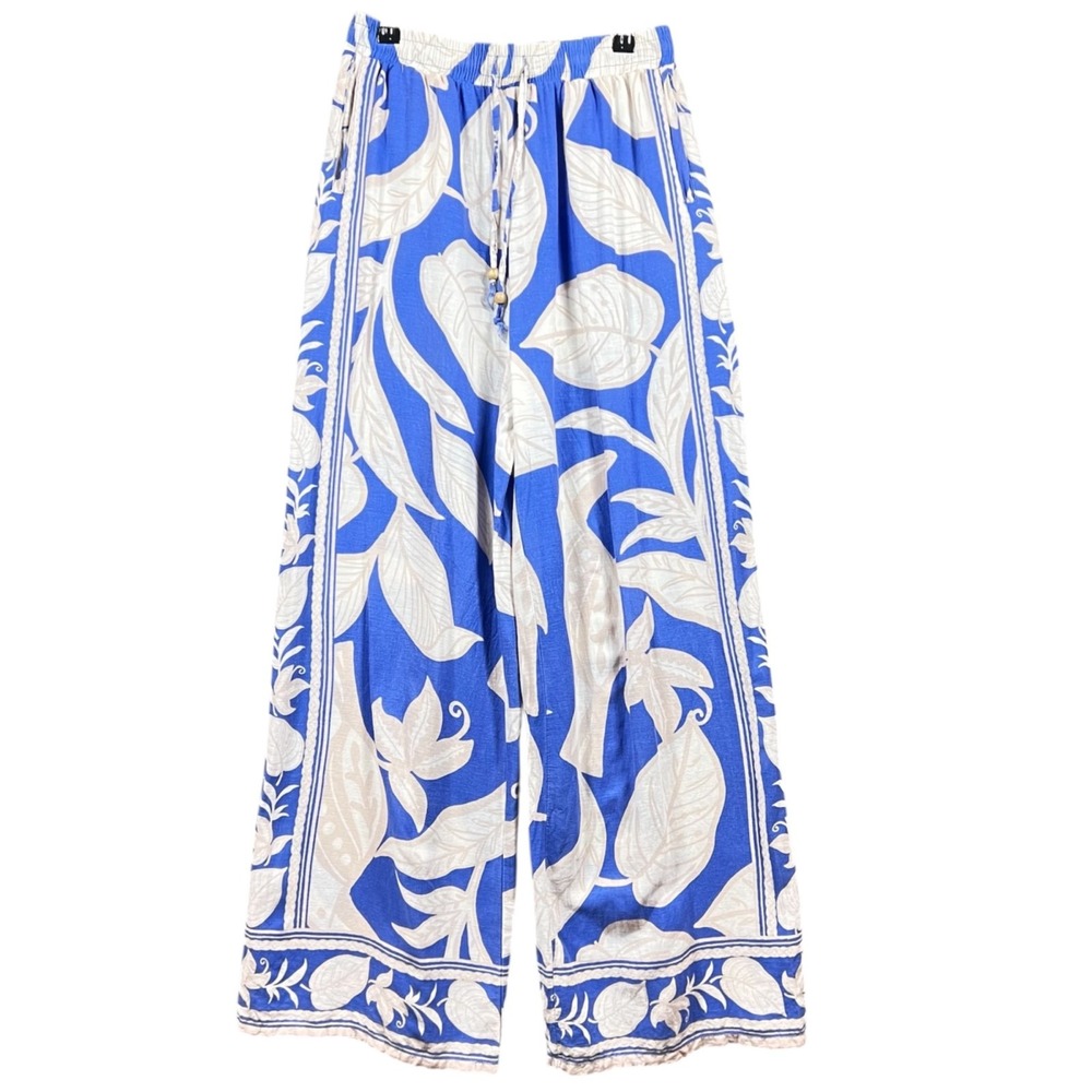 Rachel Zoe Pants‎ Women's XS Wide Leg Linen Blend Crop Blue White Floral Pull On